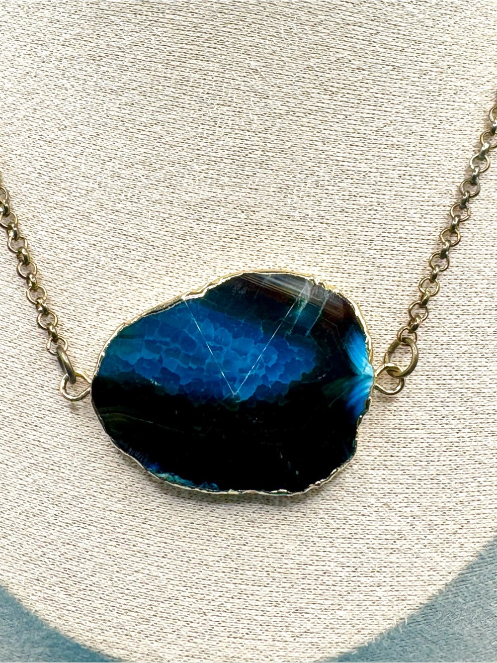 Vtg Boho Sapphire Blue Agate Slice Electroplated Raw Gemstone